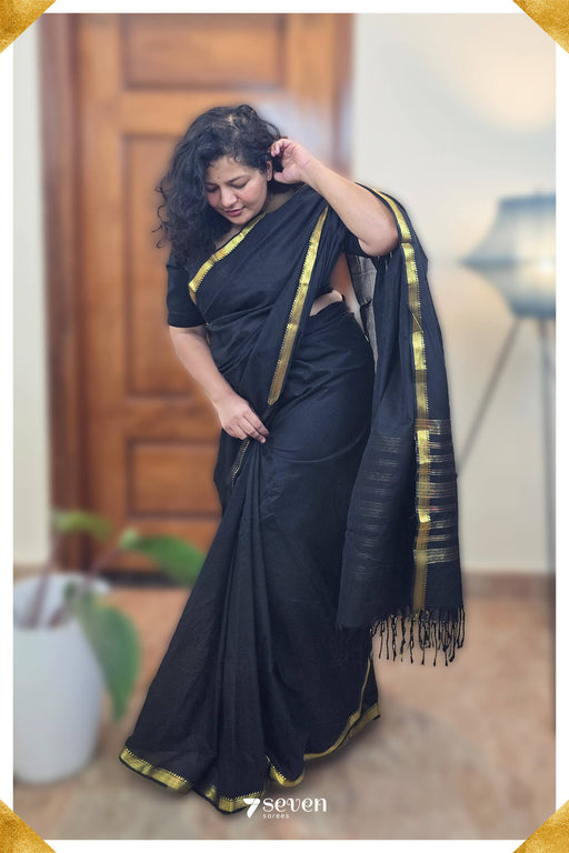 Blossom Breeze Signature Seven Handloom Black Bangalore Pure Cotton Saree - Seven Sarees - Saree - Seven Sarees