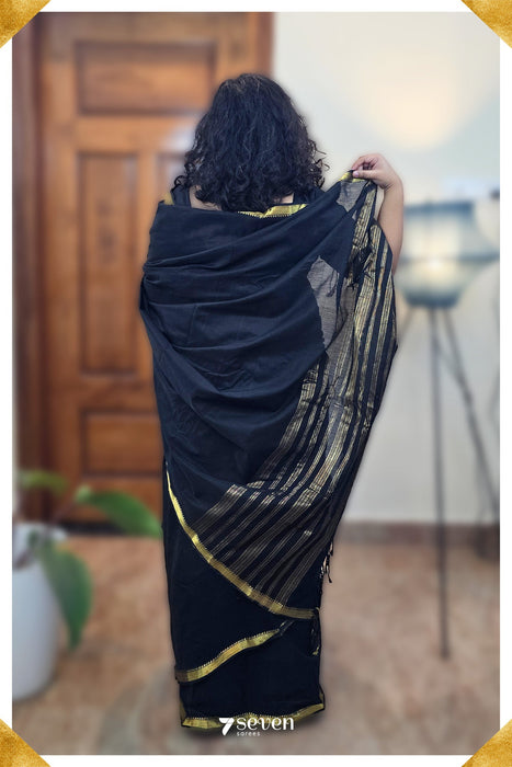 Blossom Breeze Signature Seven Handloom Black Bangalore Pure Cotton Saree - Seven Sarees - Saree - Seven Sarees