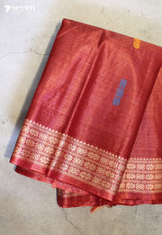 Cedar Shade Handloom Red Pure Tussar Silk(Kosa) Saree| Silk Mark Certified - Seven Sarees - Saree - Seven Sarees