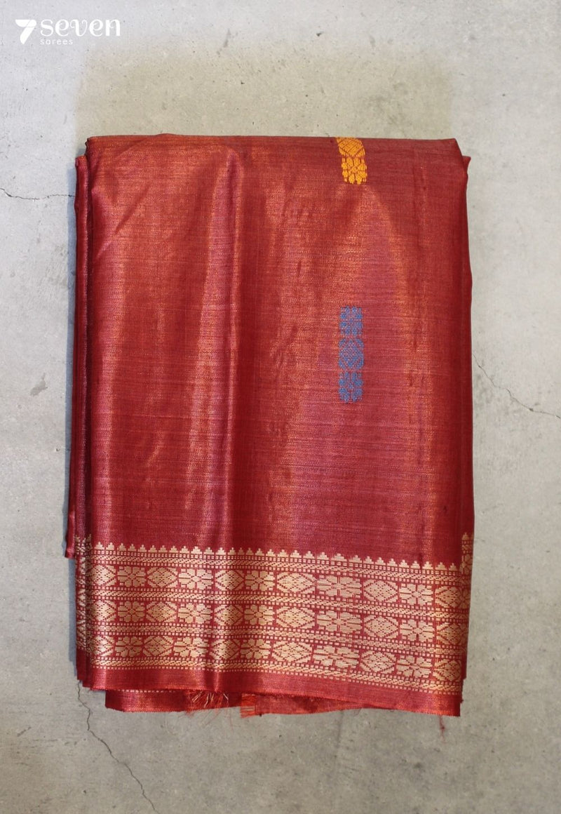 Cedar Shade Handloom Red Pure Tussar Silk(Kosa) Saree| Silk Mark Certified - Seven Sarees - Saree - Seven Sarees