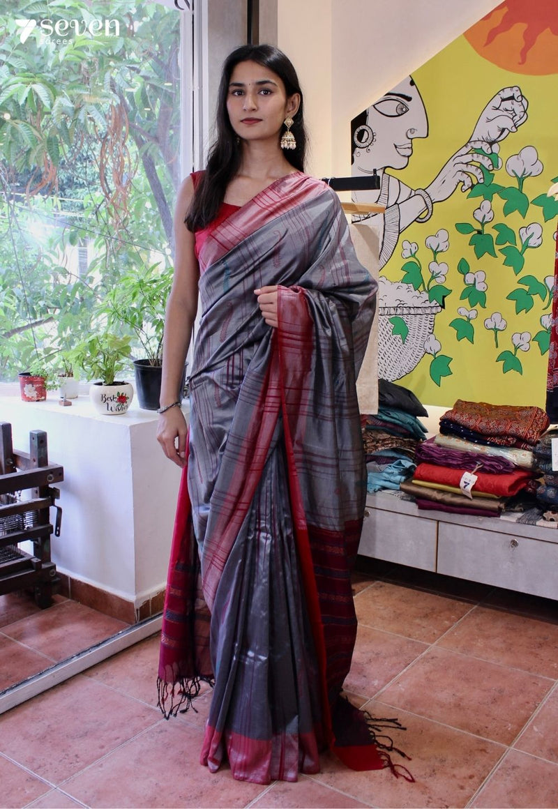 Celestial Herb Signature Seven Handloom Grey Bangalore Vegan Silk Saree - Seven Sarees - Saree - Seven Sarees