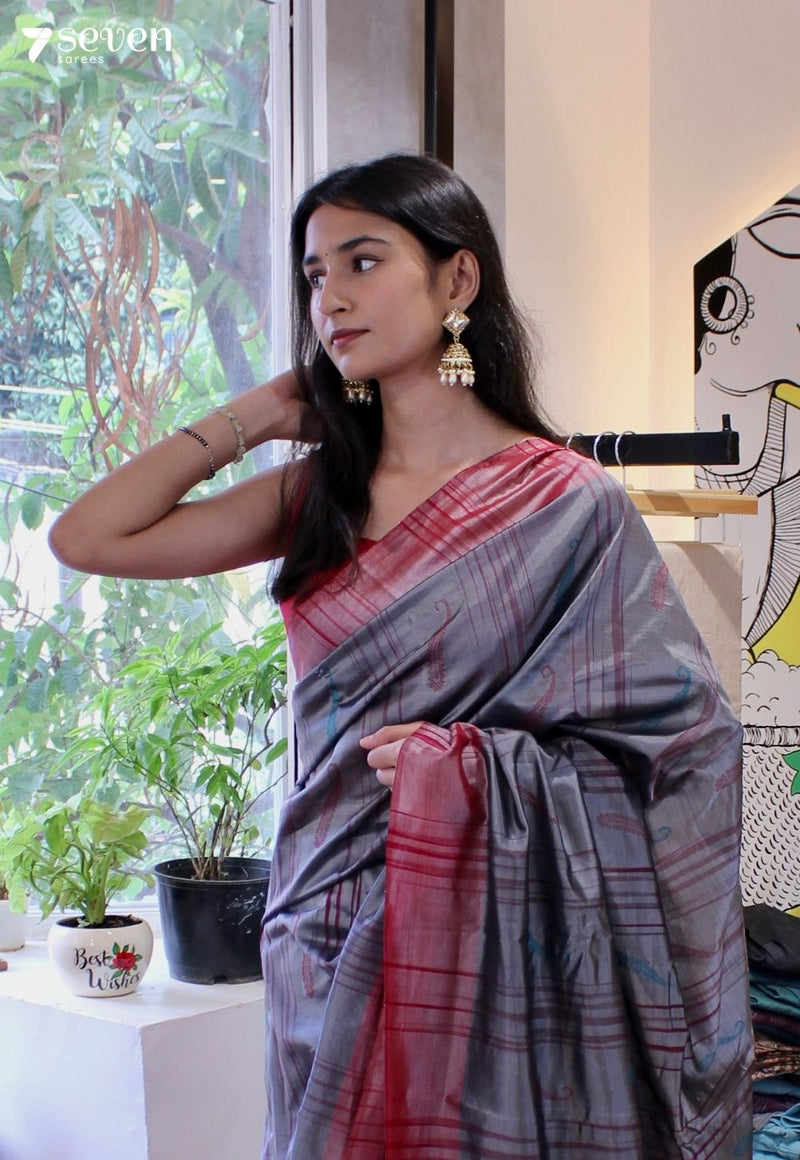 Celestial Herb Signature Seven Handloom Grey Bangalore Vegan Silk Saree - Seven Sarees - Saree - Seven Sarees