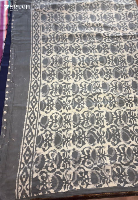 Chamomile Sunday Jaipur Grey Handblock 100% Cotton Saree - Seven Sarees - Saree - Seven Sarees