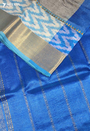 Charita Mangalagiri Handloom Grey Vegan Saree with Silk Ikkat Border - Seven Sarees - Saree - Seven Sarees