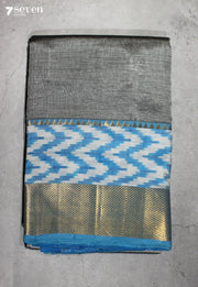 Charita Mangalagiri Handloom Grey Vegan Saree with Silk Ikkat Border - Seven Sarees - Saree - Seven Sarees