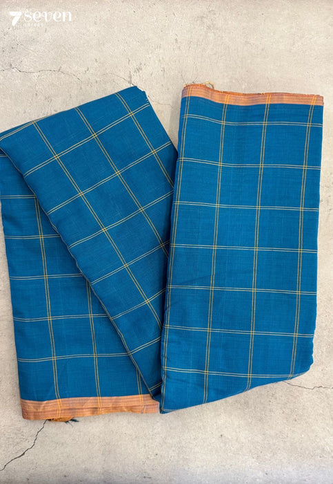Checks Right Signature Seven Handloom Peacock Blue Bangalore Pure Cotton Saree - Seven Sarees - Saree - Seven Sarees