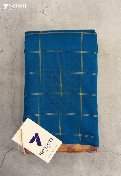 Checks Right Signature Seven Handloom Peacock Blue Bangalore Pure Cotton Saree - Seven Sarees - Saree - Seven Sarees