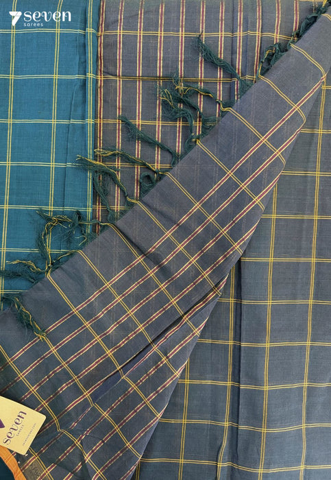 Checks Right Signature Seven Handloom Peacock Blue Bangalore Pure Cotton Saree - Seven Sarees - Saree - Seven Sarees