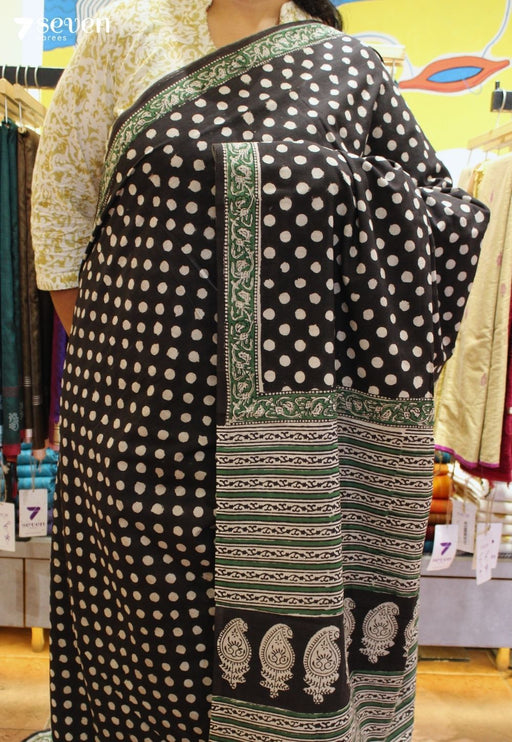 Chhaya Jaipur Black Hand Block Printed 100% Cotton Saree - Seven Sarees - Saree - Seven Sarees