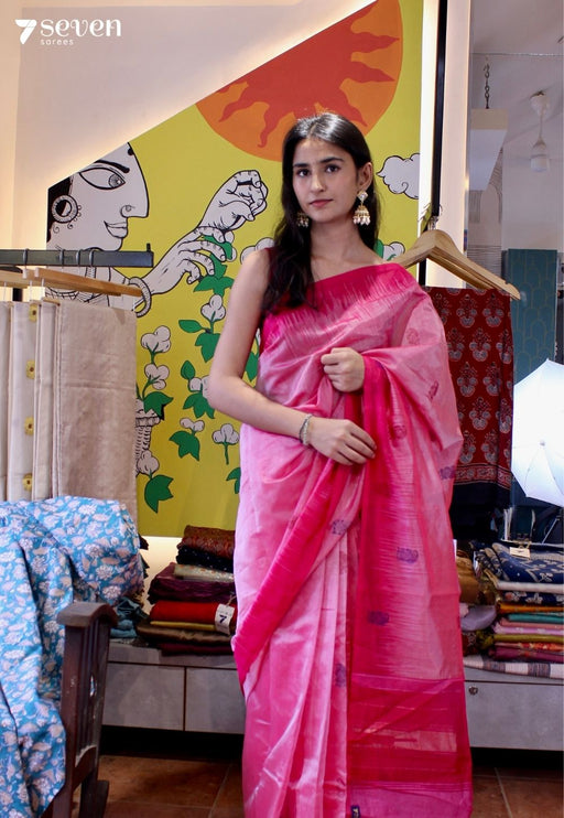 Chilly Marigold Signature Seven Handloom Pink Bangalore Vegan Silk Saree - Seven Sarees - Saree - Seven Sarees
