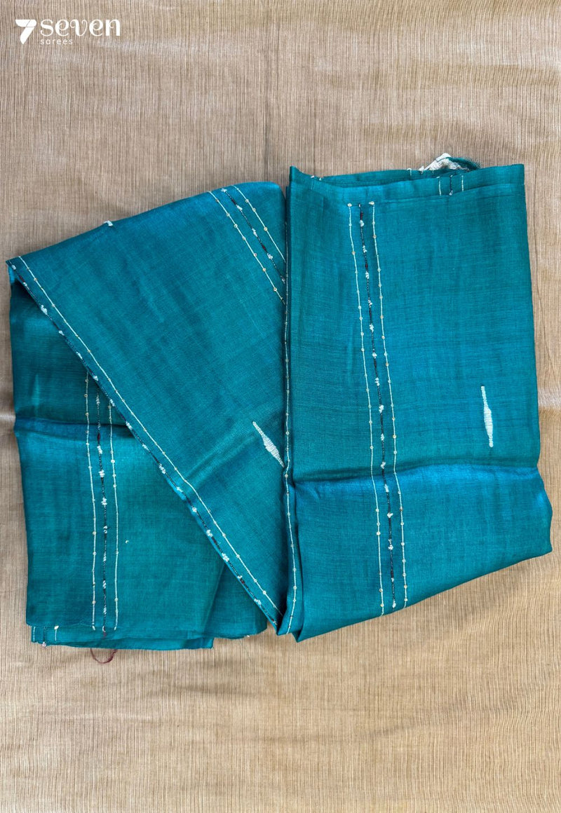 Chui Mui Chattisgarh Teal Pure Tussar Silk Saree | Silk Mark Certified - Seven Sarees - Saree - Seven Sarees