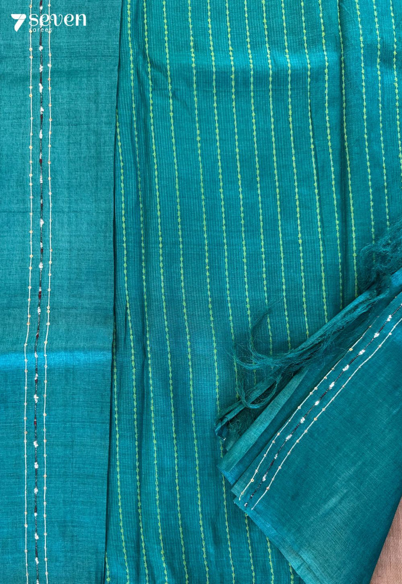 Chui Mui Chattisgarh Teal Pure Tussar Silk Saree | Silk Mark Certified - Seven Sarees - Saree - Seven Sarees