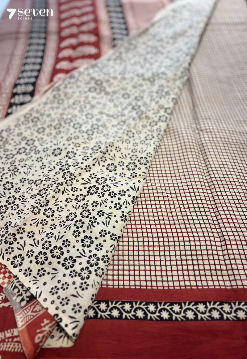 Cinnamon Quilt Jaipur Off - White Handblock 100% Cotton Saree - Seven Sarees - Saree - Seven Sarees