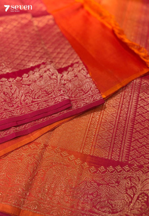 Coral Flower Signature Seven Handloom Red/Orange Bangalore Pure Silk Saree|Silk Mark Certified - Seven Sarees - Saree - Seven Sarees