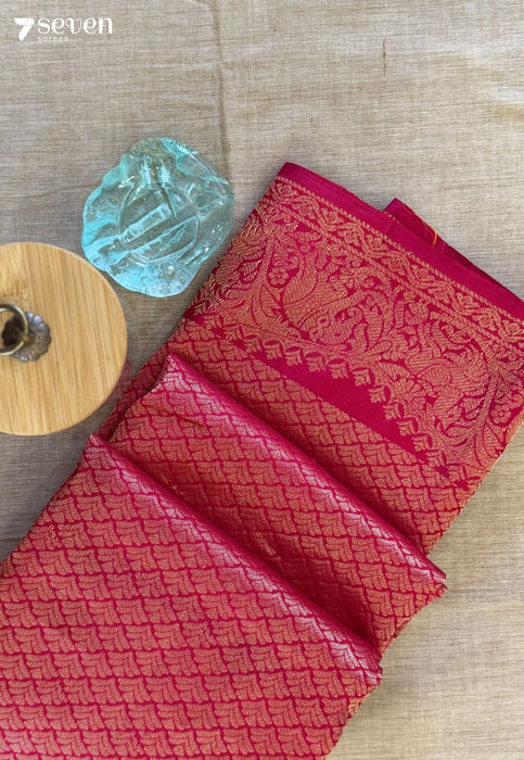 Coral Flower Signature Seven Handloom Red/Orange Bangalore Pure Silk Saree|Silk Mark Certified - Seven Sarees - Saree - Seven Sarees