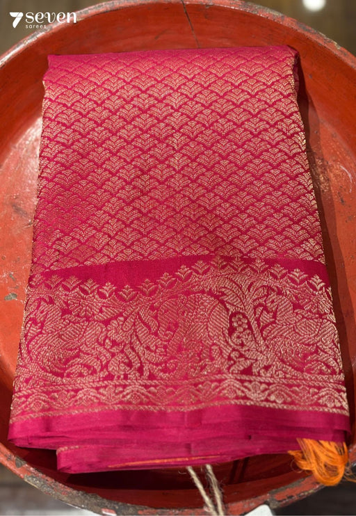 Coral Flower Signature Seven Handloom Red/Orange Bangalore Pure Silk Saree|Silk Mark Certified - Seven Sarees - Saree - Seven Sarees