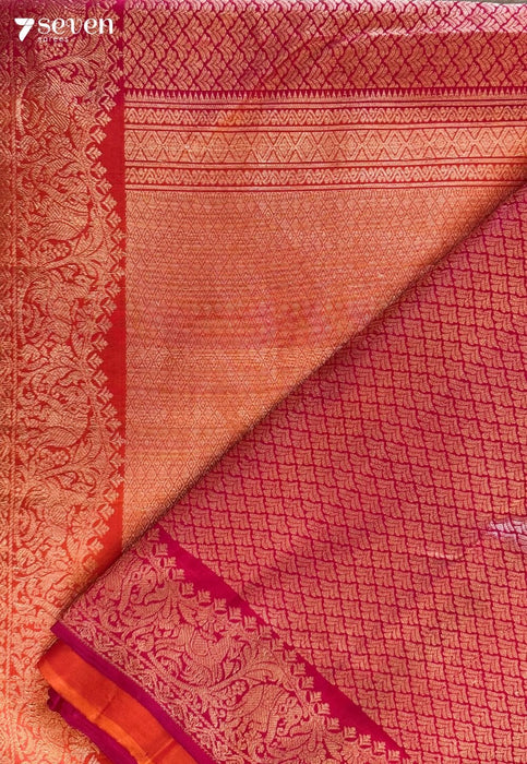 Coral Flower Signature Seven Handloom Red/Orange Bangalore Pure Silk Saree|Silk Mark Certified - Seven Sarees - Saree - Seven Sarees