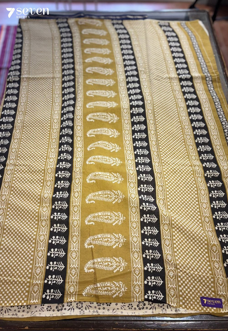 Cricket Hour Jaipur Mustard Handblock 100% Cotton Saree - Seven Sarees - Saree - Seven Sarees