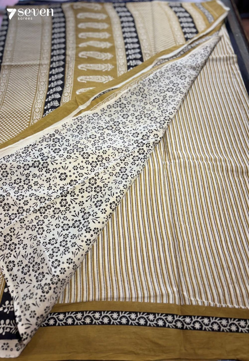 Cricket Hour Jaipur Mustard Handblock 100% Cotton Saree - Seven Sarees - Saree - Seven Sarees