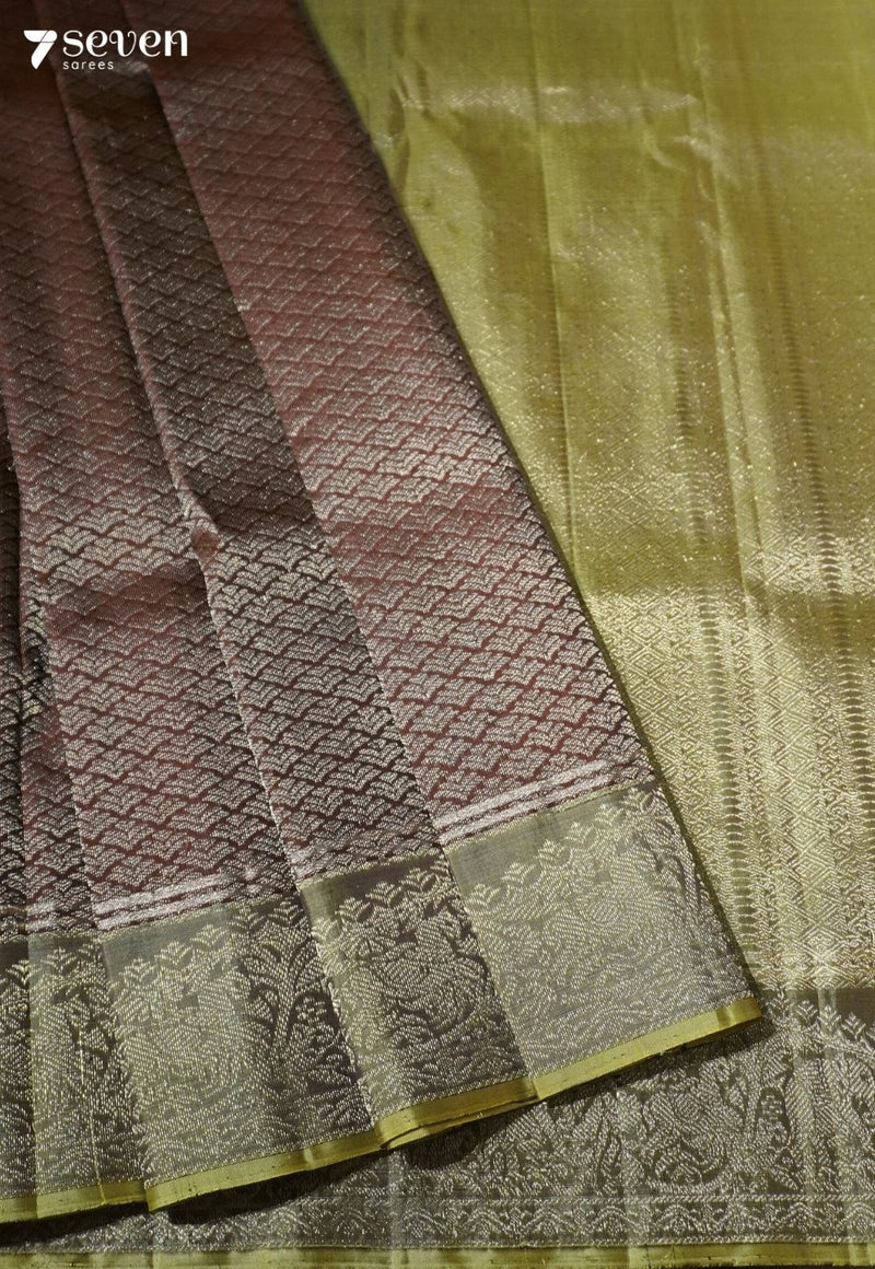 Crushed Fig Flower Signature Seven Handloom Brown Bangalore Pure Silk Saree|Silk Mark Certified - Seven Sarees - Saree - Seven Sarees