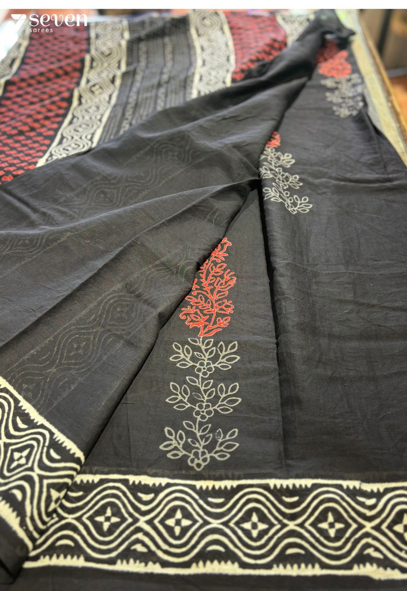 Daisy & Dusk Jaipur Black Handblock 100% Cotton Saree - Seven Sarees - Saree - Seven Sarees