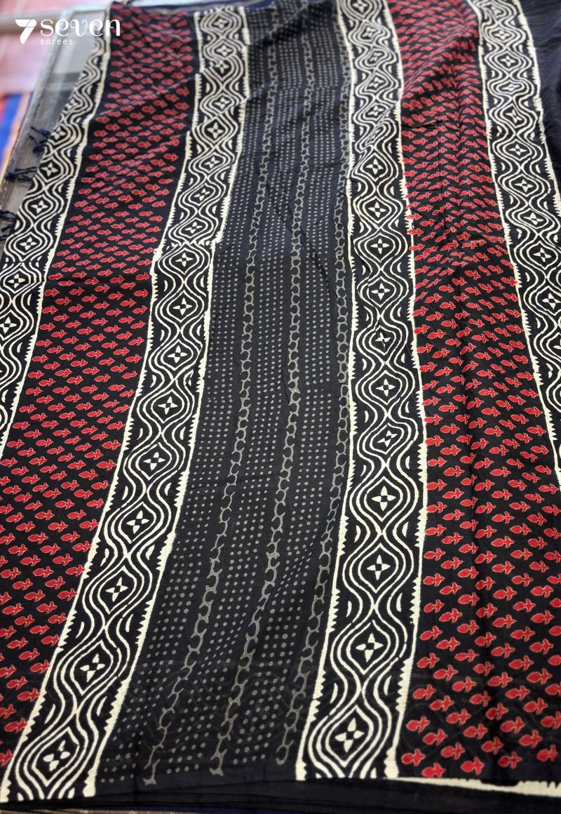 Daisy & Dusk Jaipur Black Handblock 100% Cotton Saree - Seven Sarees - Saree - Seven Sarees