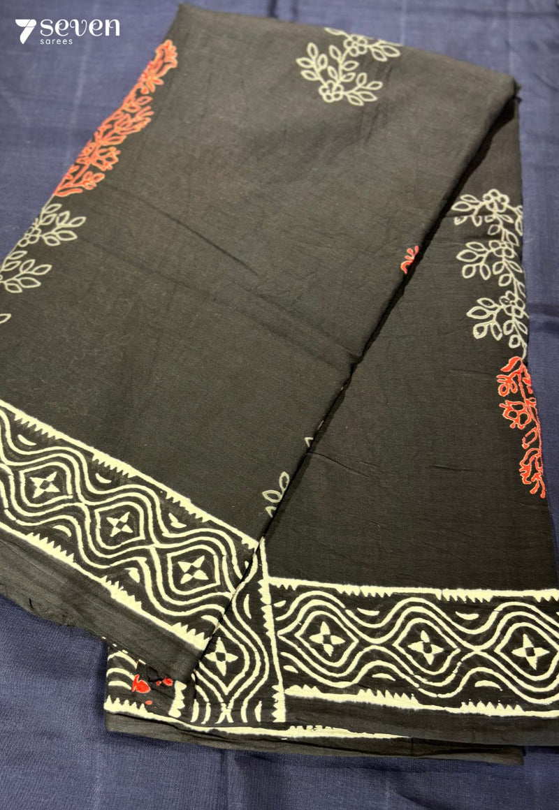 Daisy & Dusk Jaipur Black Handblock 100% Cotton Saree - Seven Sarees - Saree - Seven Sarees