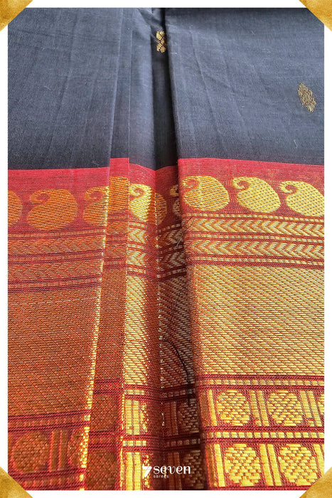 Deenu Madurai Black/Red Pure Cotton Saree - Seven Sarees - Saree - Seven Sarees