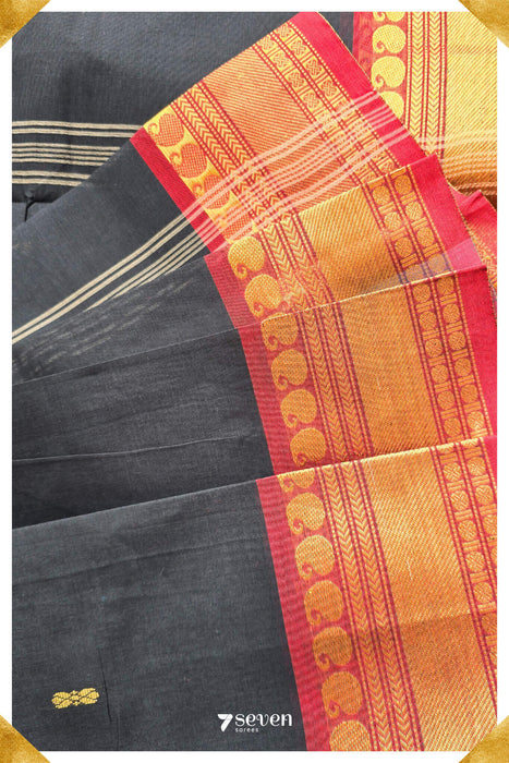 Deenu Madurai Black/Red Pure Cotton Saree - Seven Sarees - Saree - Seven Sarees