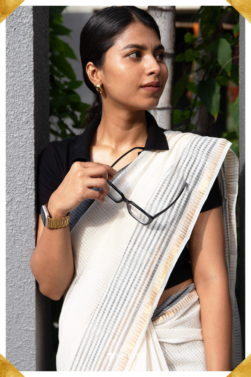 Deepthi Mangalagiri Handloom White/Black Pure Cotton Saree - Seven Sarees - Saree - Seven Sarees