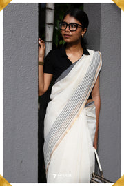 Deepthi Mangalagiri Handloom White/Black Pure Cotton Saree - Seven Sarees - Saree - Seven Sarees