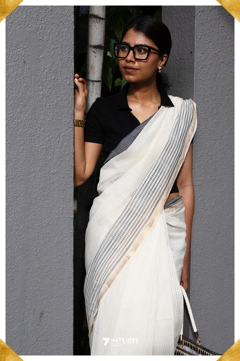 Deepthi Mangalagiri Handloom White/Black Pure Cotton Saree - Seven Sarees - Saree - Seven Sarees