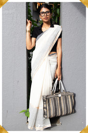 Deepthi Mangalagiri Handloom White/Black Pure Cotton Saree - Seven Sarees - Saree - Seven Sarees