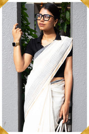 Deepthi Mangalagiri Handloom White/Black Pure Cotton Saree - Seven Sarees - Saree - Seven Sarees