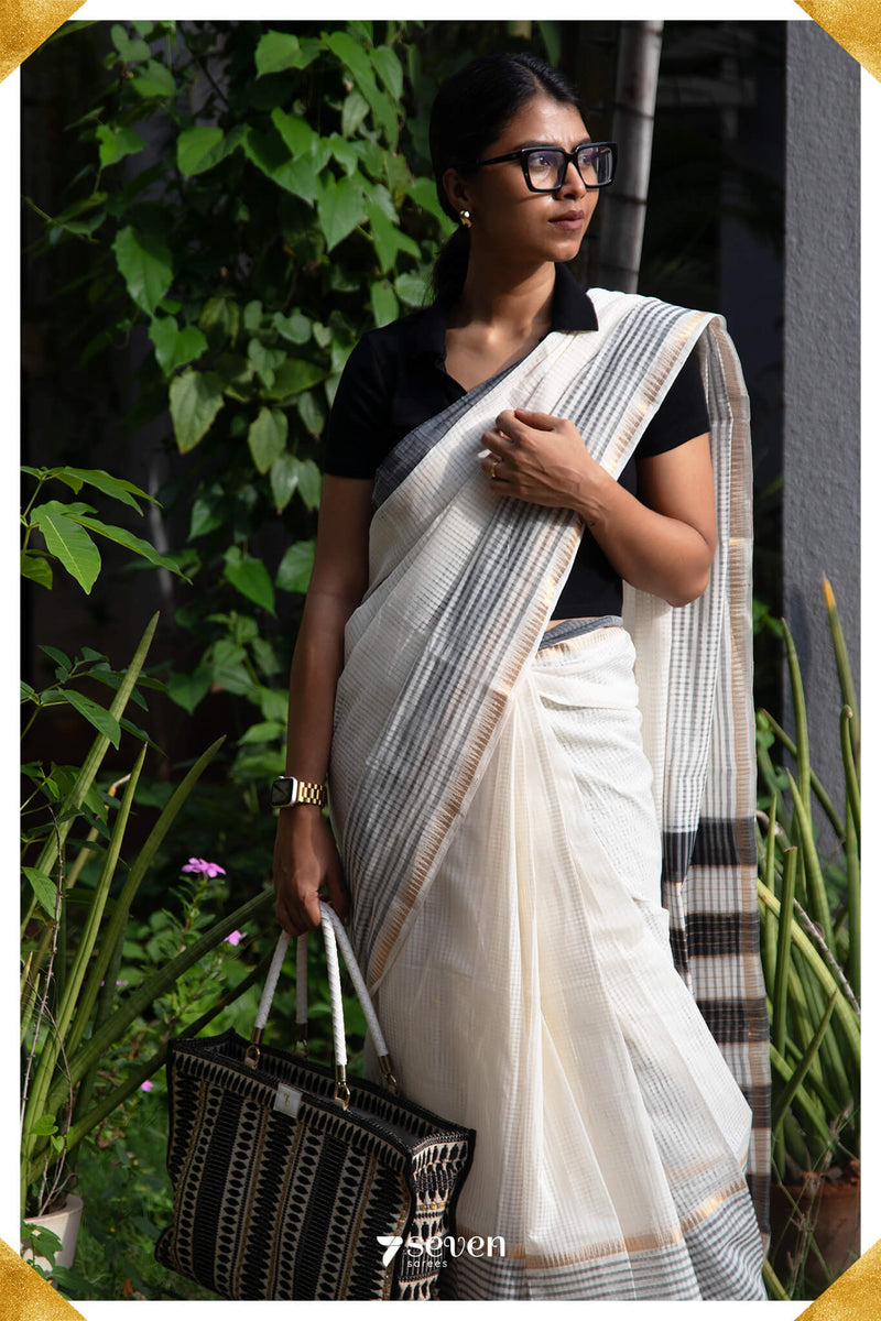 Deepthi Mangalagiri Handloom White/Black Pure Cotton Saree - Seven Sarees - Saree - Seven Sarees