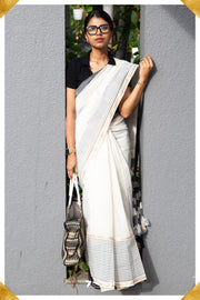Deepthi Mangalagiri Handloom White/Black Pure Cotton Saree - Seven Sarees - Saree - Seven Sarees