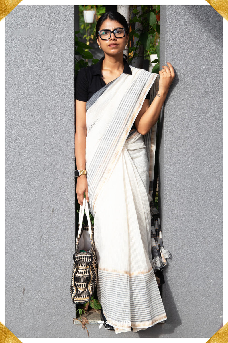 Deepthi Mangalagiri Handloom White/Black Pure Cotton Saree - Seven Sarees - Saree - Seven Sarees