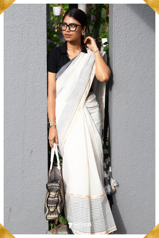 Deepthi Mangalagiri Handloom White/Black Pure Cotton Saree - Seven Sarees - Saree - Seven Sarees