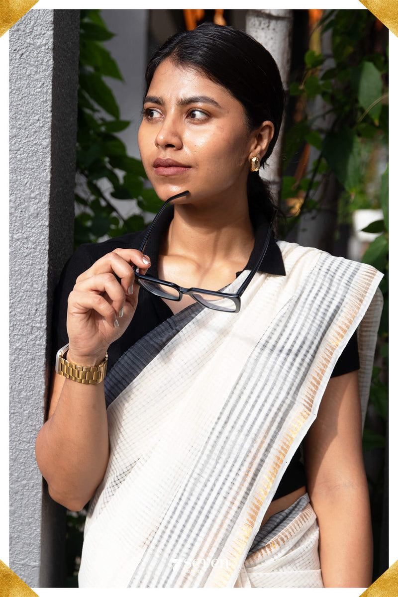 Deepthi Mangalagiri Handloom White/Black Pure Cotton Saree - Seven Sarees - Saree - Seven Sarees