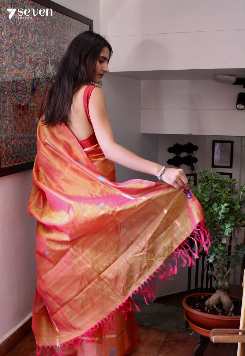 Dewberry Charm Signature Seven Handloom Orange Bangalore Vegan Silk Saree - Seven Sarees - Saree - Seven Sarees