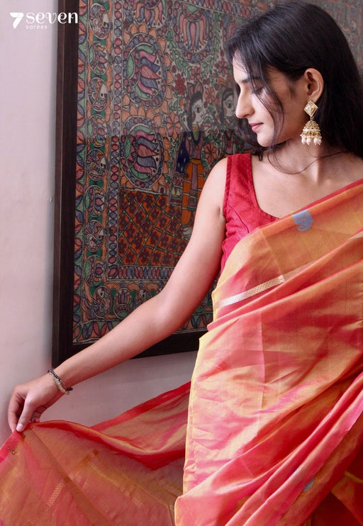 Dewberry Charm Signature Seven Handloom Orange Bangalore Vegan Silk Saree - Seven Sarees - Saree - Seven Sarees