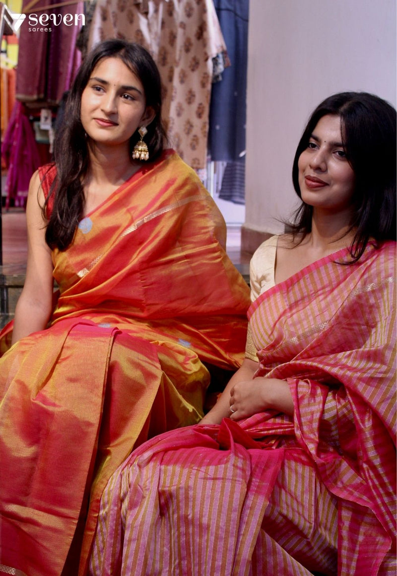 Dewberry Charm Signature Seven Handloom Orange Bangalore Vegan Silk Saree - Seven Sarees - Saree - Seven Sarees