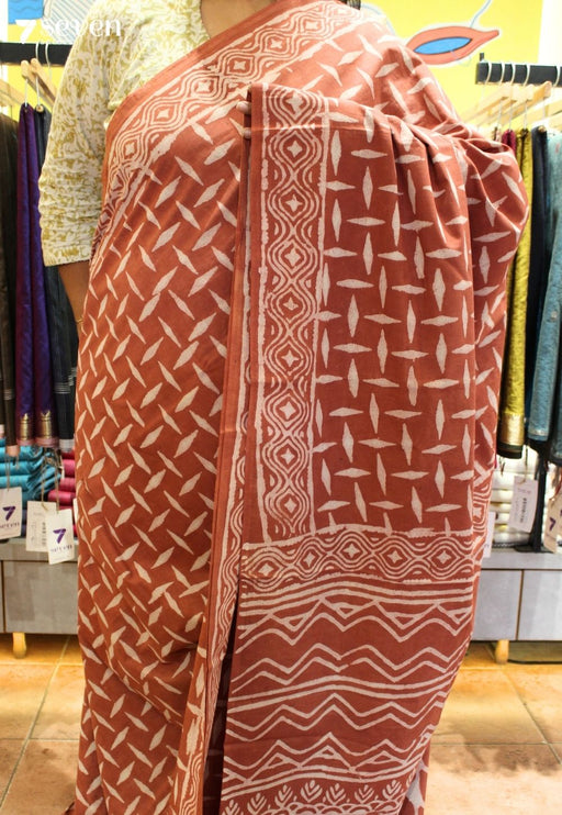 Dhara Jaipur Rust Pink Hand Block Printed 100% Cotton Saree - Seven Sarees - Saree - Seven Sarees
