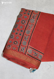 Dhevikaa Kutch Red Handmade Ajrakh 100% Cotton Saree - Seven Sarees - Saree - Seven Sarees