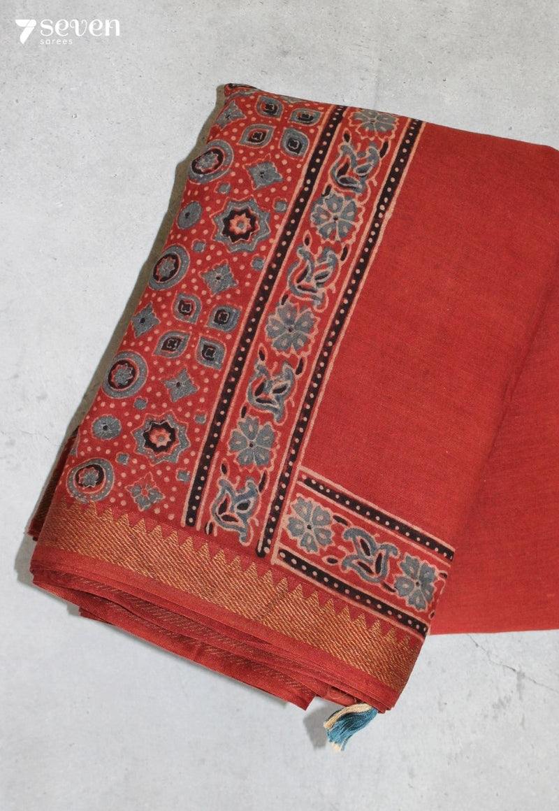 Dhevikaa Kutch Red Handmade Ajrakh 100% Cotton Saree - Seven Sarees - Saree - Seven Sarees
