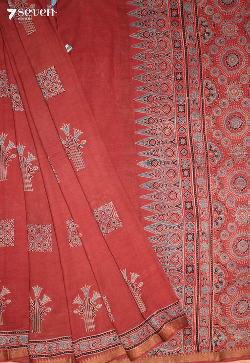 Dhevikaa Kutch Red Handmade Ajrakh 100% Cotton Saree - Seven Sarees - Saree - Seven Sarees
