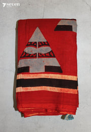 Dhoval Kutch Red Pure Handmade Ajrakh 100% Cotton Saree - Seven Sarees - Saree - Seven Sarees