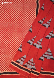 Dhoval Kutch Red Pure Handmade Ajrakh 100% Cotton Saree - Seven Sarees - Saree - Seven Sarees