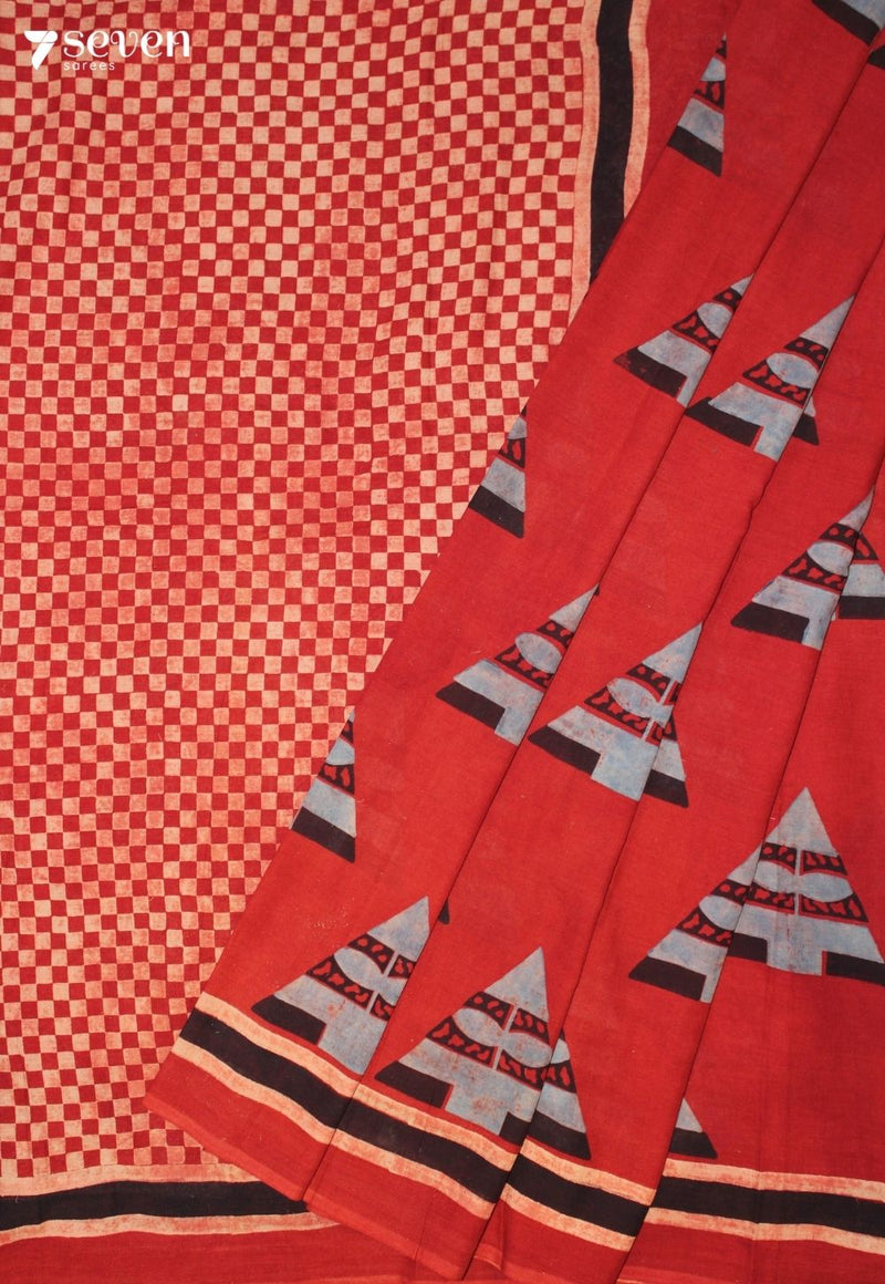 Dhoval Kutch Red Pure Handmade Ajrakh 100% Cotton Saree - Seven Sarees - Saree - Seven Sarees