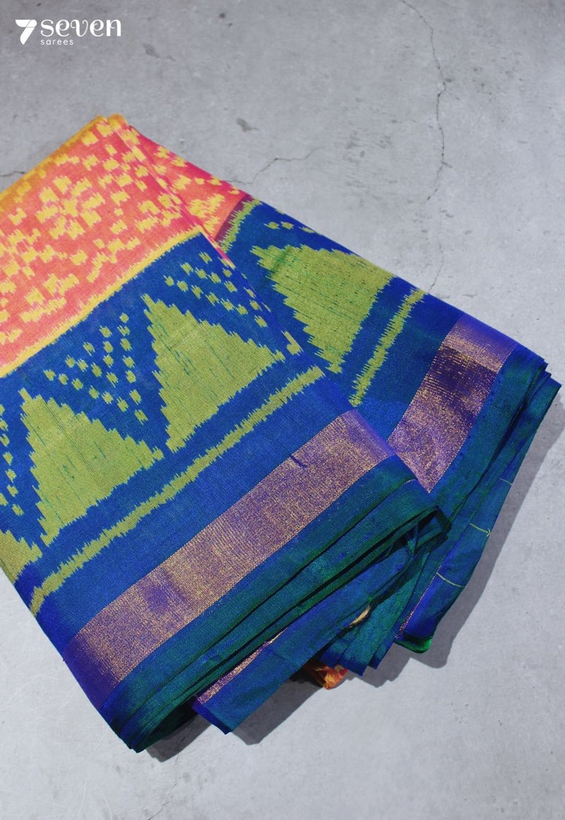 Eeshani Patola Handloom Single Ikkat Orange Pure Silk Saree|Silk Mark Certified - Seven Sarees - Saree - Seven Sarees
